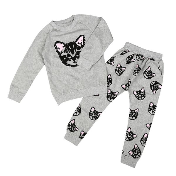 

baby kids winter clothes 2020 girls cartoon cats print tracksuit +pant set autumn long sleeve clothes roupas infantis menina, White