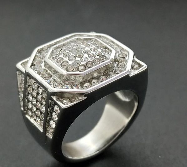 

european and american explosive stainless steel/titanium steel diamond-inlaid luxury hip-hop personality fashion attractive men's ring, Golden;silver