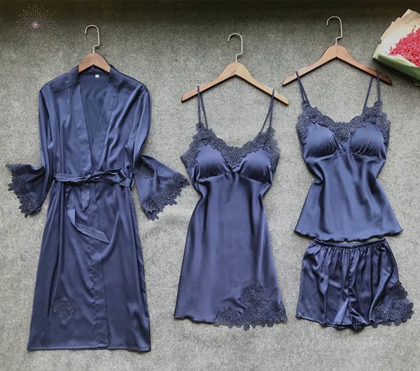 

женская robe пижамы платье наборы lace халат night dress 4 четыре пьесы lingerie сна set поддельный шелковый халат femme женщин, Black;red