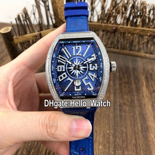New Saratoge Yachting Vanguard Classic V45 SC DT Автоматические мужские часы Синий циферблат Алмаз Бейзель стальной корпус Синие Кожаные Часы Hello_Watch