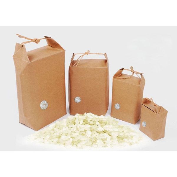 Kraft Paper Rice Bag Stand Sacchetti regalo Cibo Biscotti Frutta secca Scatola da tè con manico