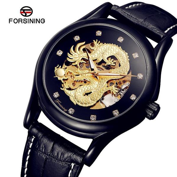 

forsining diamond black gold automatic watch montre homme mens 3d dragon skeleton mechanical watch waterproof, Slivery;brown