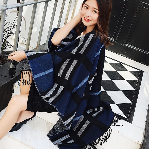 

winter women shawl scarf women autumn poncho vintage blanket lady knit shawl cape cashmere classic plaid style thick warm scarf