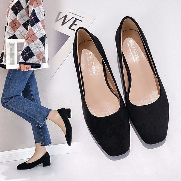 

eoeodoit women pumps fashion square toe low dress shoes chunky heel slip on casual lady office summer autumn daily shoes 3.5 cm, Black