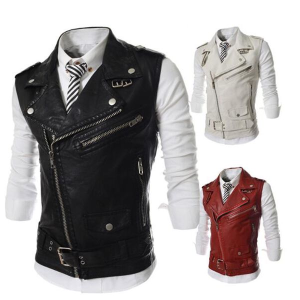 

xiu luo xxl fashion sleeveless pu leather motorcycle waistcoat men leather vest men slim fit spring autumn2019, Black;white