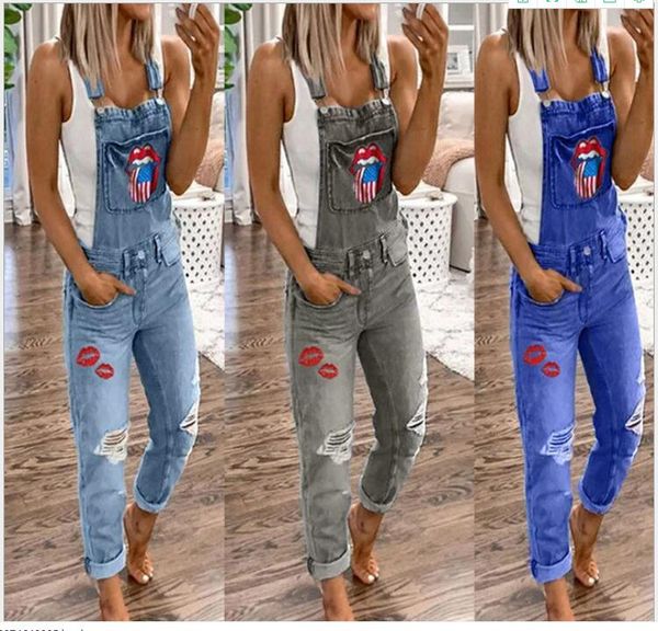 

e-baihui 2021 cross-border women's overalls jeans casual explosion printed washed jean lady's denim overalls xs033, Blue