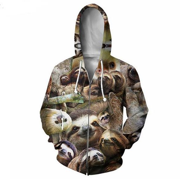 

new fashion zipper hoodies animal sloth collage 3d print zip-up hoodies sweatshirt men / women harajuku outfits r048, Black;brown