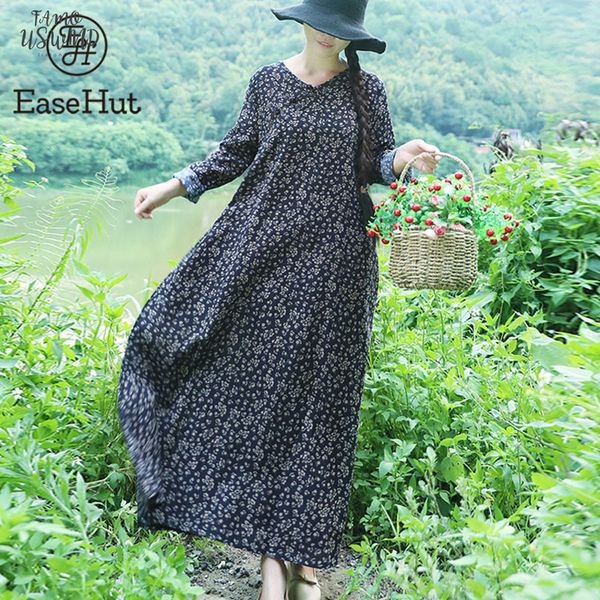 

2020 new aurumn cotton linen maxi dress long sleeve v neck button printed dress vintage dresses robe vestido female long dresses, Black;gray