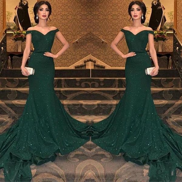 

arabic dark green sequined mermaid evening dresses 2020 off the shoulder ruched floor length evening prom gowns party dress bc0792, Black;red