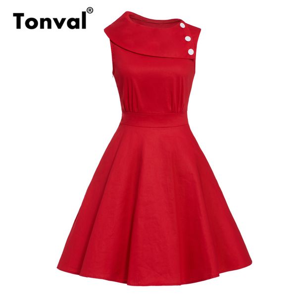 

tonval red turn-down collar buttons retro dress sleeveless pockets elegant cotton dress women solid skater vintage dresses, Black;gray