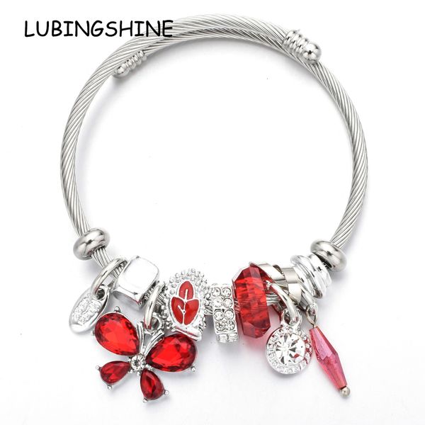 

butterfly charms bracelets for women girl crystal bead stainless steel adjustable open cuff wire cable bangles diy jewelry, Golden;silver