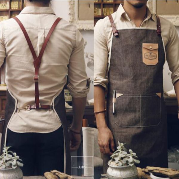 

2020 apron for women men canvas apron bbq senior cotton baking bib leather straps kitchen cooking waitress custom print