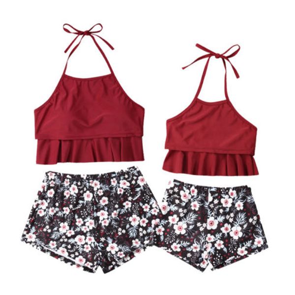 

2019 family matching women's kid baby girls strappy bikini biquini floral shorts set bathing suit swimwear swimsuit beachwear, White;black