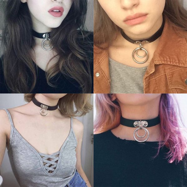 

легкий удобный особый женский любимый панк-гот двойной кожаный круглый воротник-чокер ожерелье в стиле фанк съемка в натуральной форме, Silver
