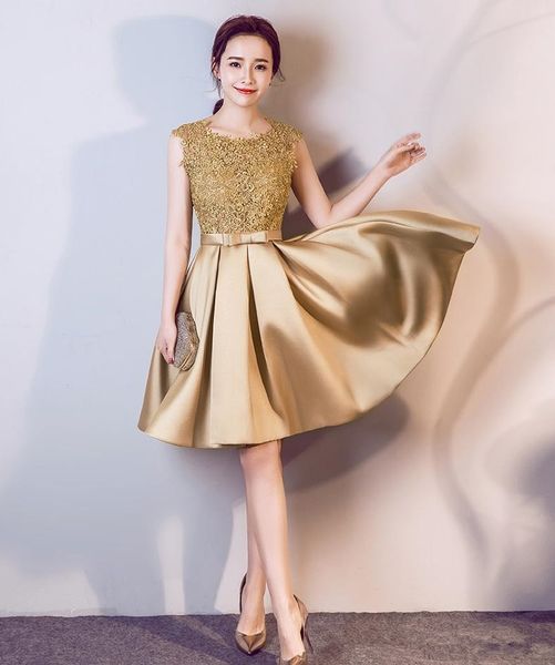 

2020 gold short homecoming dresses with bow crew neck lace graduation party gowns satin a line cocktail dress, Blue;pink
