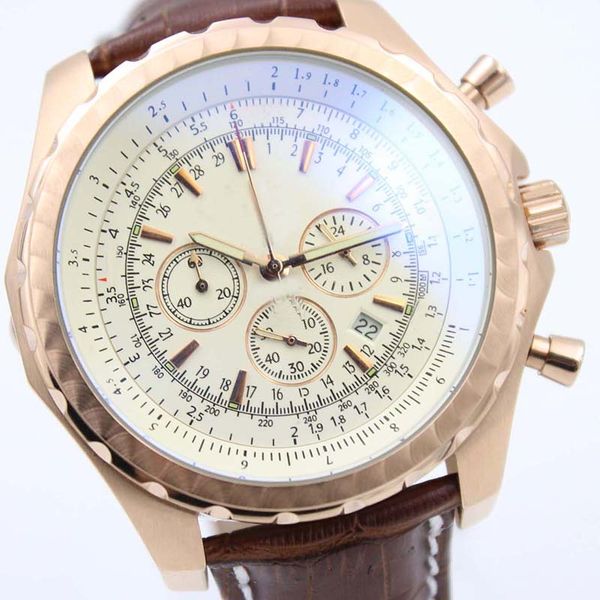 

casual style outdoor chronomat white dial mens watch quartz chrono motors chronograph special edition leather strap mens watches, Slivery;brown