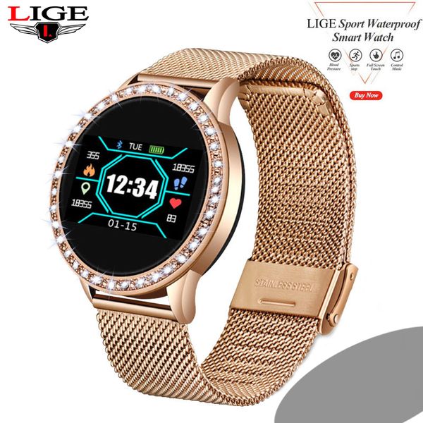 

lige new women smart watch heart rate monitor blood pressure fitness tracker smart watch sports watch ios diamond dial fit bit, Slivery;brown