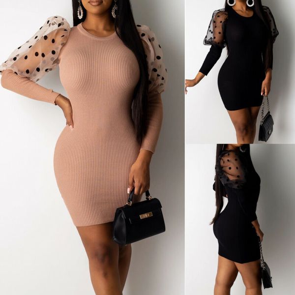 

womens mesh ladies party bodycon casual polka dots puff sleeve wrap jumper mini dress female spring autumn clothing, Black;gray