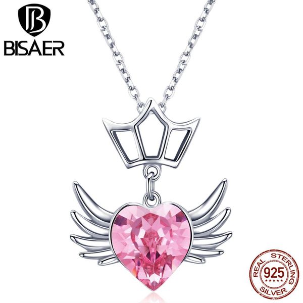 

bisaer silver 925 pink cz heart-shape crown wings pendant necklace statement engagement jewelry women christmas gift gxn310