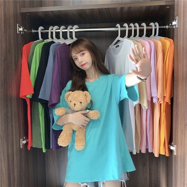 

women dressises 2020 summer new hong kong style simple solid color all-match loose slimming short sleeve mid-length t-shirt womens fashi, White