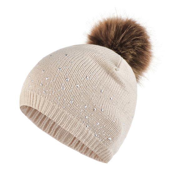 

women soft rhinestone studded daily plush ball gifts elastic hemming windproof warm knitted hat outdoor casual autumn winter, Blue;gray