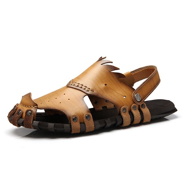 

men's shoes leather sandalias summer shoes for men fashion beach sandalia masculina brown black yellow size 38-44