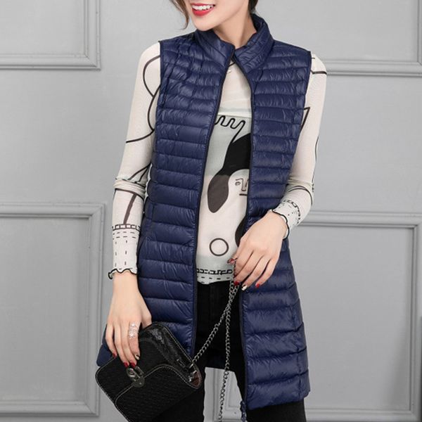 

plus size 4xl women's white duck down vest long winter stand collar vests women 2019 autumn korean slim female ladies outerwear, Black