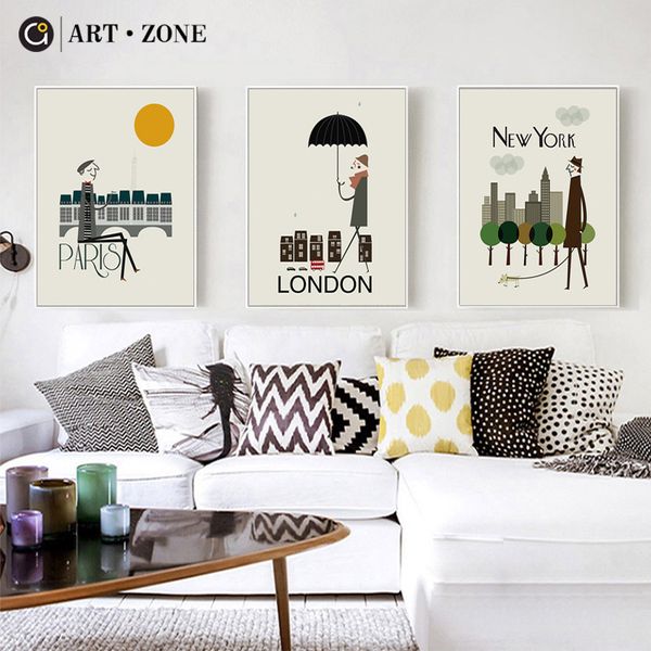 

art zone cartoon animation city canvas painting new york london city art print wall poster paris modern minimalist painting
