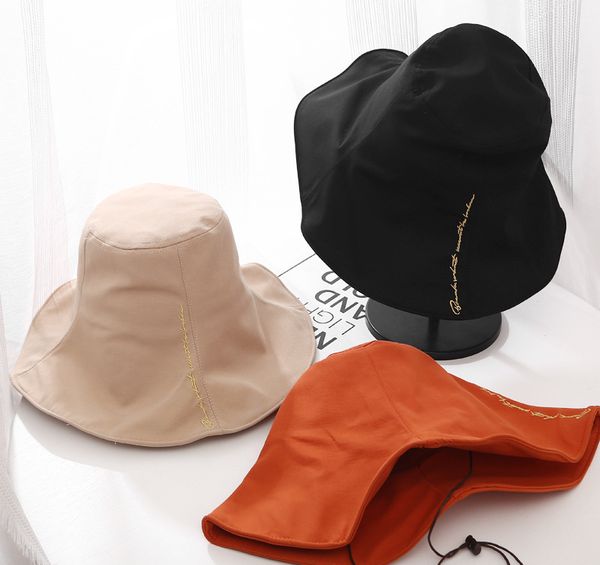

new style fisherman hat for 2020. women spring and summer embroidery letters big edge sun hat. korean style windproof rope basin hatthe dome, Blue;gray