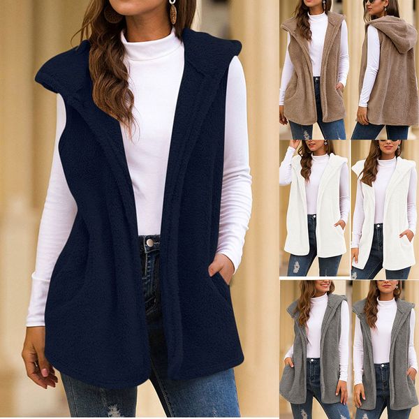 

women plush hoodied waistcoat fashion casual winter autumn warm outwear solid hooded vest coat 2019 new d88, Black;white