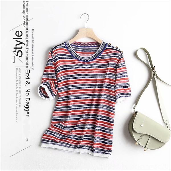 

a0xm-2105 style women's wear 2020 loose stripe contrast color knitted short sleeve t-shirt a0xm-2105 style women's wear 2020 loose, White