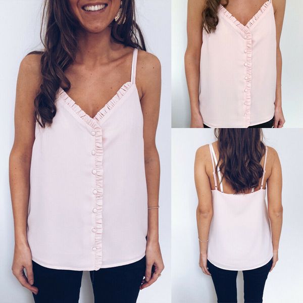 

2019 brand new women casual strappy sling v-neck button cami tank female ruffles trim solid sweet basic vest sleeveless top, White