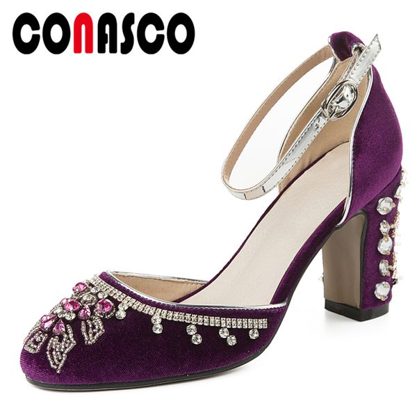 

conasco spring summer new fashion wedding casual women ankle strap pumps rhinestone pearl applique thick high heels shoes woman, Black