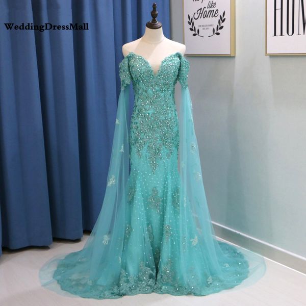 

mint green mermaid evening dress with cape sleeves 2021 long off shoulder lace appliques crystal arabic prom dresses party gowns, Black;red