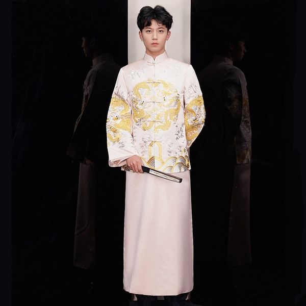 

new arrival male cheongsam chinese style costume the groom dress jacket long gown traditional chinese wedding dress men ethnic clothing, Red