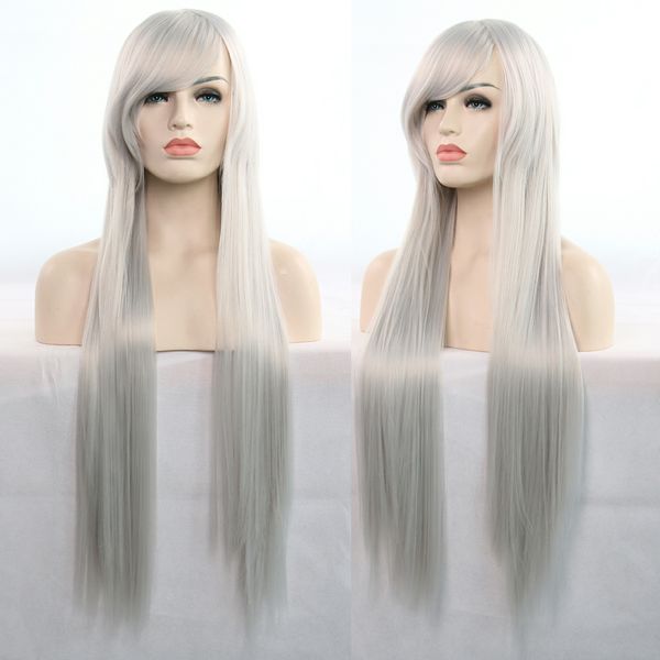 Women Sfashion 80cm Long Hair Silver White Front Wig Side Part