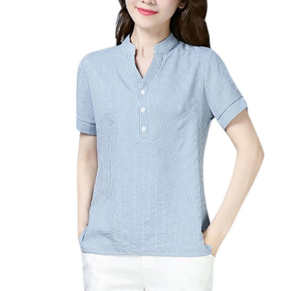 

2019 fashion womens casual loose women cotton linen solid v-neck short-sleeved casual loose blouse female femme z0419, White