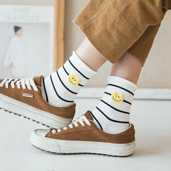 

1pair women socks new autumn japanese fashion harajuku colorful striped socks cotton thick warm long funny crew sock, Black;white