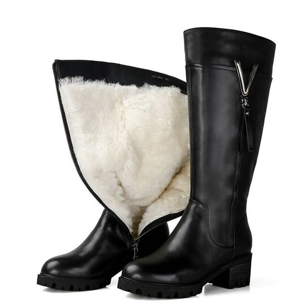 

morazora size 35-44 2019 new genuine leather natural wool boots ladies knee high boots zipper keep warm winter snow boots women, Black