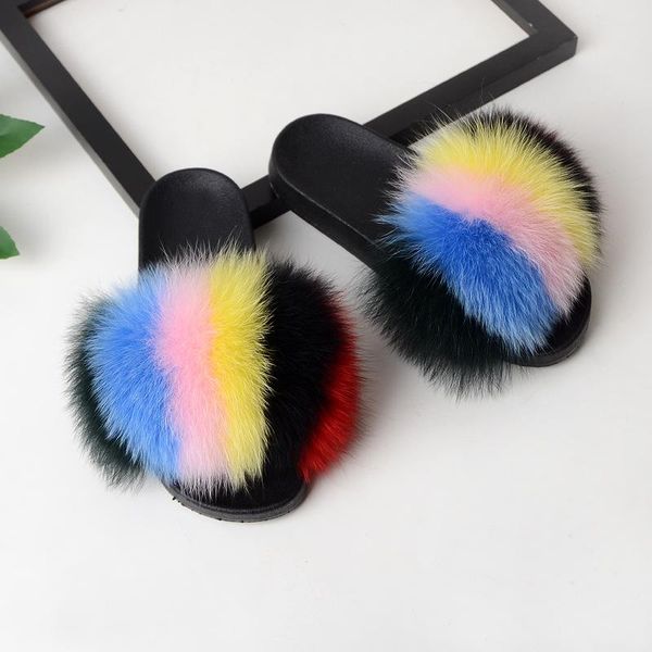 

summer womens fox fur slipper real fox hair slides female furry indoor flip flop casual beach sandals fluffy plush shoe, Black