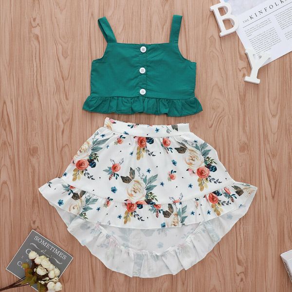 

toddler baby girl kid outfit set t-shirt tank+floral skirt beach dress 1-5y, White