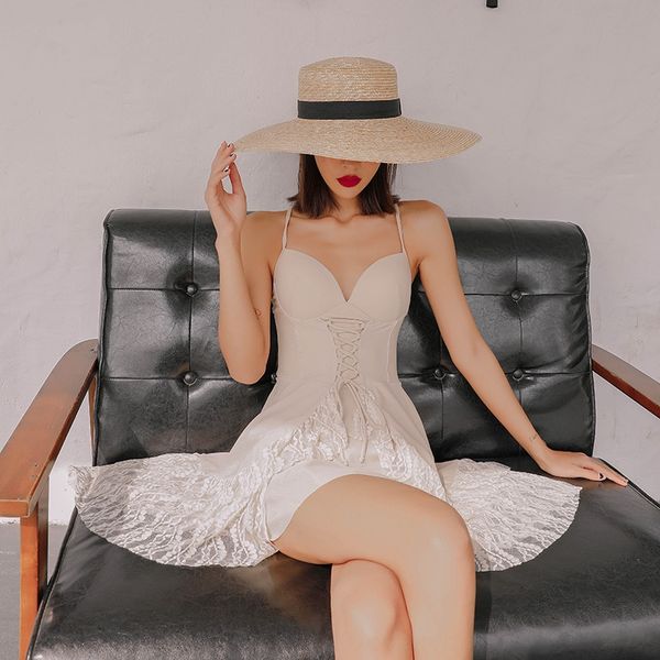 

female swimsuit ins wind one-piece belly covering slim fairy fan white lace small chest spring swimsuit, White;black