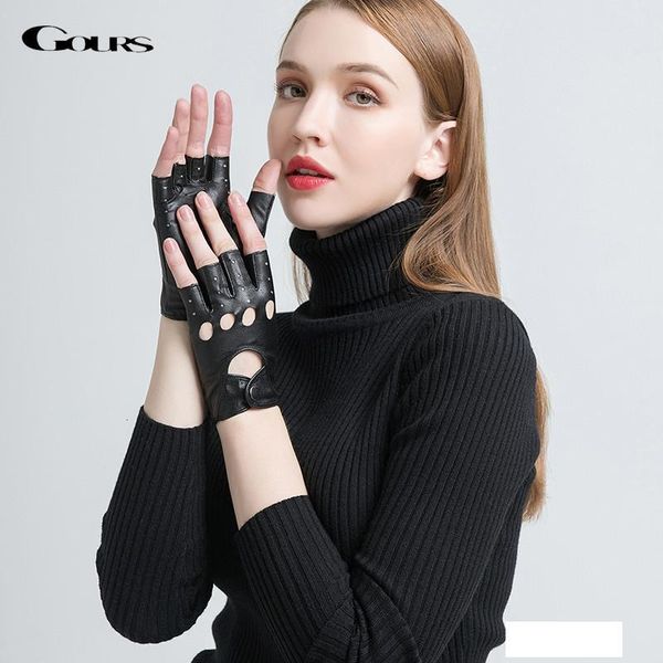 

gours genuine leather gloves for women black fashion goatskin fingerless gloves winter half finger fitness new arrival gsl052 y191113, Blue;gray