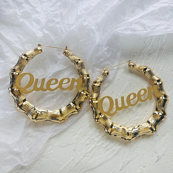 

amorcome exaggerated round circle hoop earrings queen letter big hollow bamboo joint loop earrings for women jewelry brincos, Golden;silver