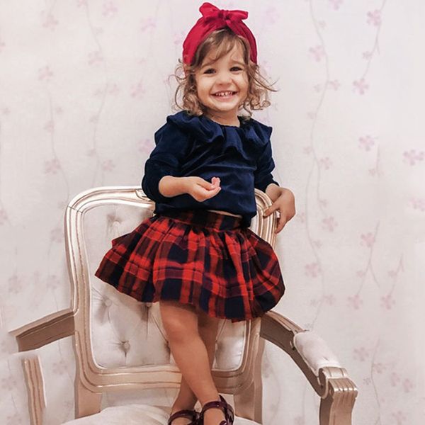 

infant clothing 2019 autumn toddler baby girls long sleeve ruffle shirt plaid skirt outfit set newborn baby girl clothes, White
