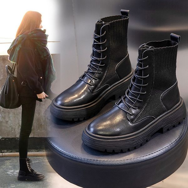 

motorcycle boots women's platform 2020 new autumn winter casual boots woman students leather flat black lace-up warm