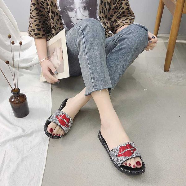 

bonjean fashion summer rhinestone sequin decoration women lovely lips beach slippers platform thick soled sandals bj2497, Black