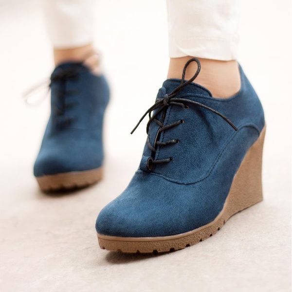 

2019 new wedges boots fashion flock women's high-heeled platform ankle boots lace up high heels spring autumn shoes for women, Black