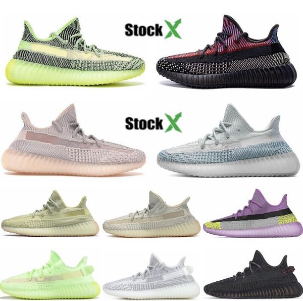 

kanye west v2 with stock x true form hyperspace static bred clay mens women running shoes semi frozen sesame black yellow sport sneakers, White;red