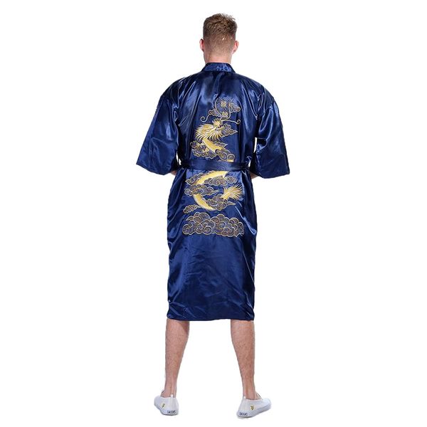 

traditional male sleepwear vintage navy blue nightwear chinese kimono bathrobe gown homewear embroidery dragon robe oversize, Black;brown